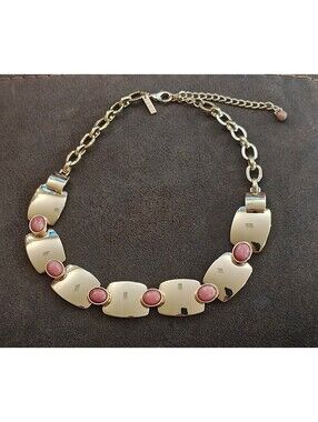 WHBM Gold Tone Rectangular Panel Pink Rhodonite Choker Statement Collar Necklace